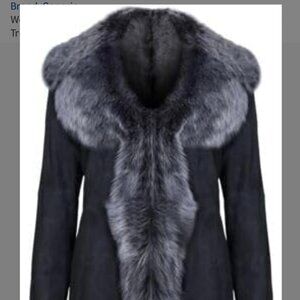 Black Real Leather Suede Hooded Long Coat real fur trim XXS Brand New